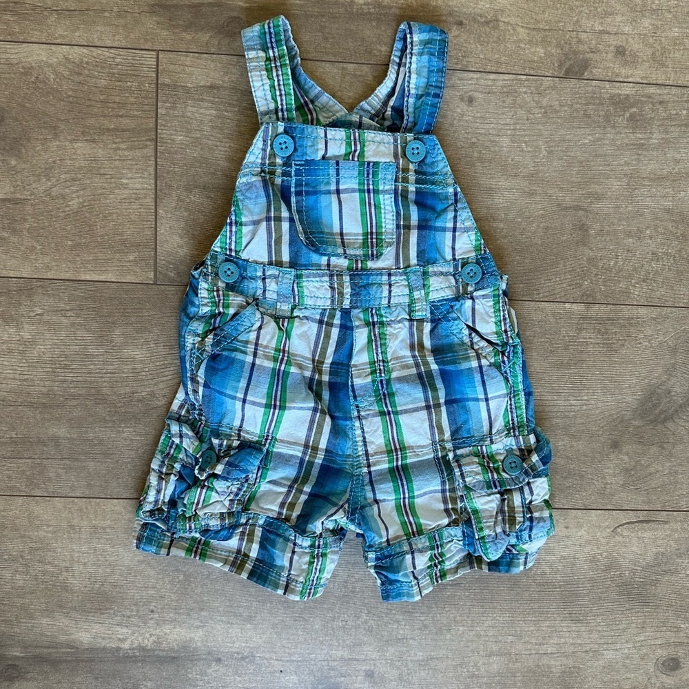 Vintage Place Vibrant Blue Plaid Baby Boy Cargo Overalls Shortalls 12 Months